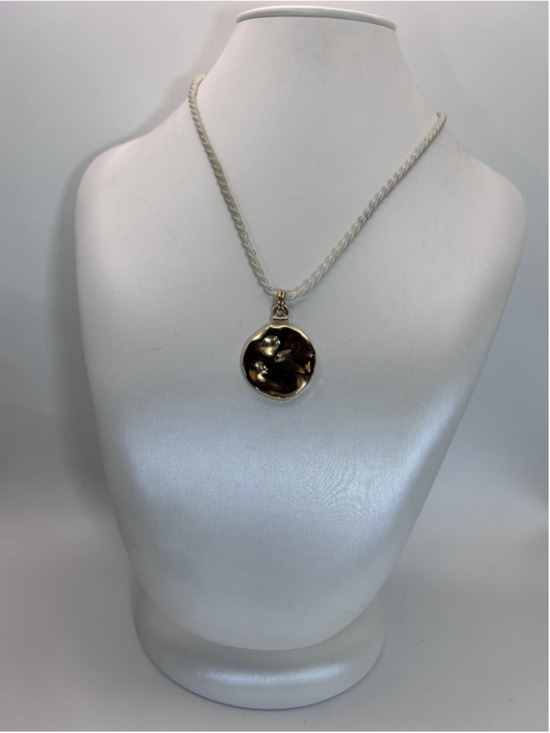 Unknown Jewelry - Necklace Gold Tone Hammered Disc Pendant White Cord Lobster Clasp 18 In